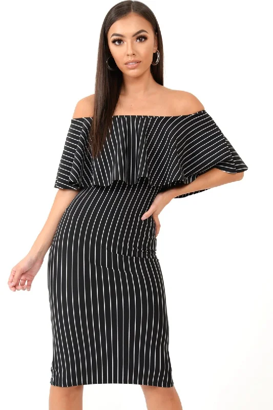 Black Pinstripe Frill Bardot Bodycon Midi Dress -Jovey Cozy Midi Skirt
