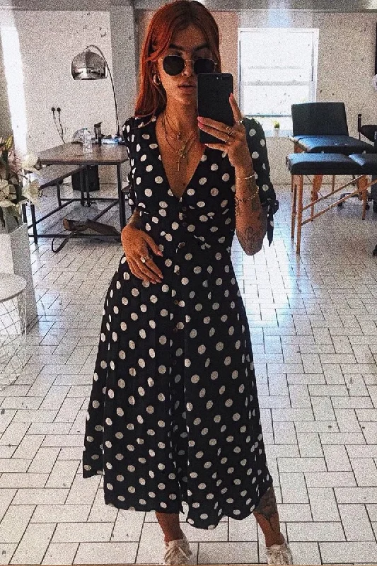 Black Polka Dot Button Front Midi Dress - Prima Midi Skirt Style