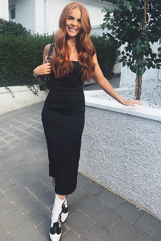 Black Satin Straight Neck Tie Up Midi Dress - Irina Ruffled Floral Skirt