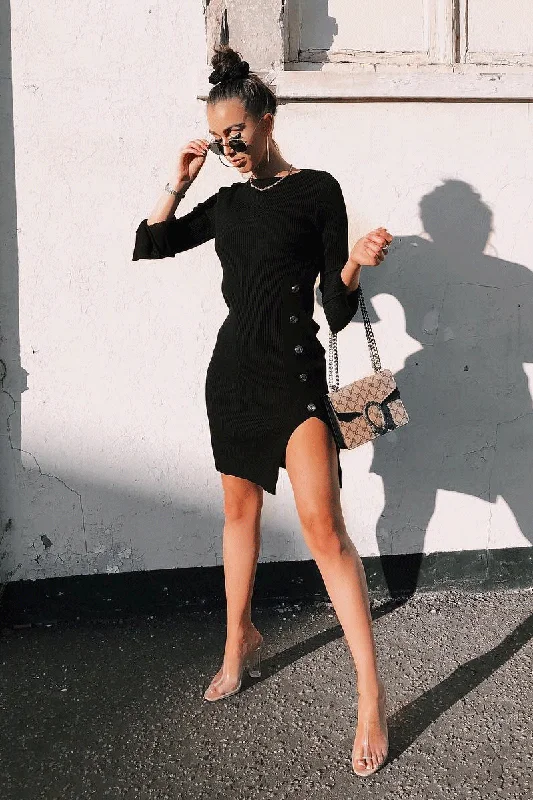 Black Slash Neck Button Rib Knit Midi Dress - Haydee Everyday Midi Skirt