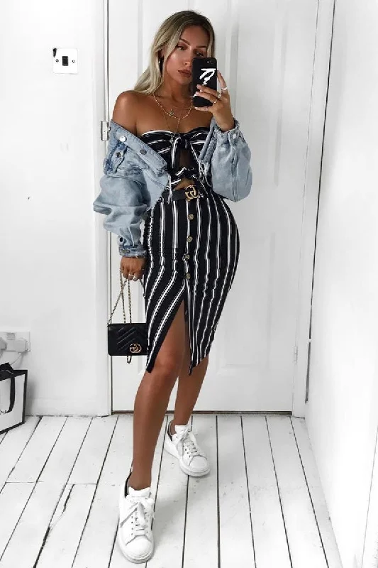 Black White Stripe Bandeau Tie Front Midi Dress - Lodema Bohemian Midi Skirt