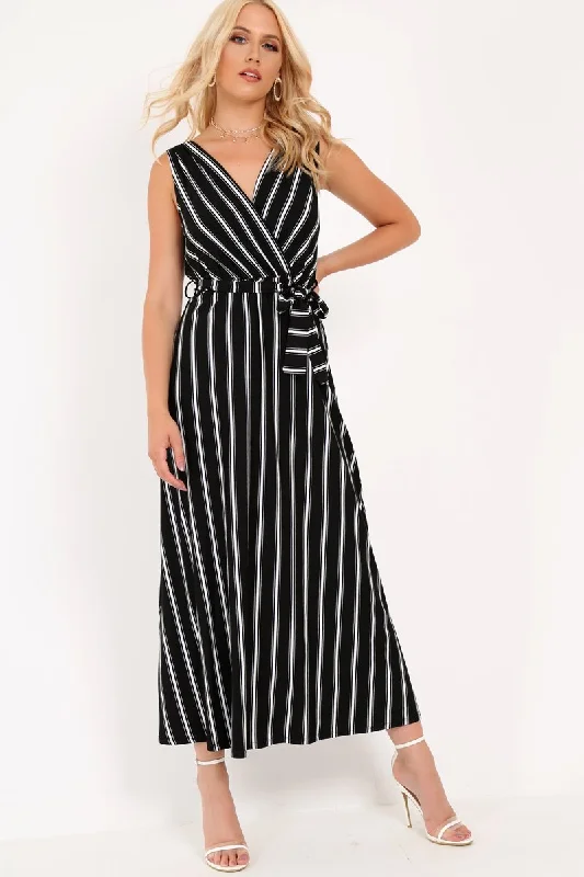 Black White Stripe Plunge Wrap Maxi - Skyelin Elegant A-line Skirt
