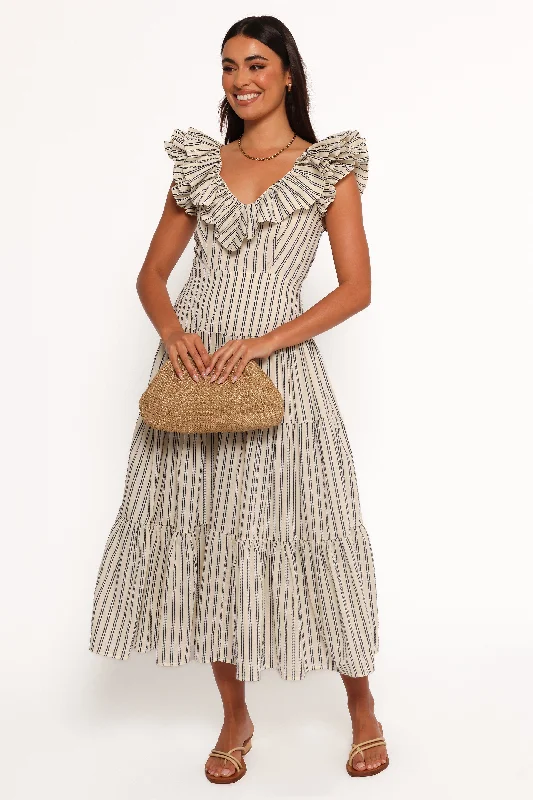 Bobbie Midi Dress - Neutral Stripe Casual Midi Look