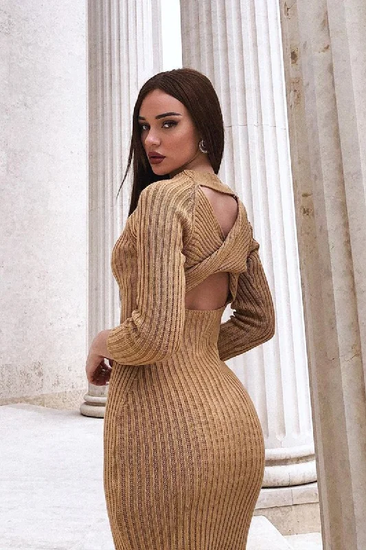 Camel Open Twist Back Midi Bodycon Jumper Dress - Karrah Lace Midi Skirt