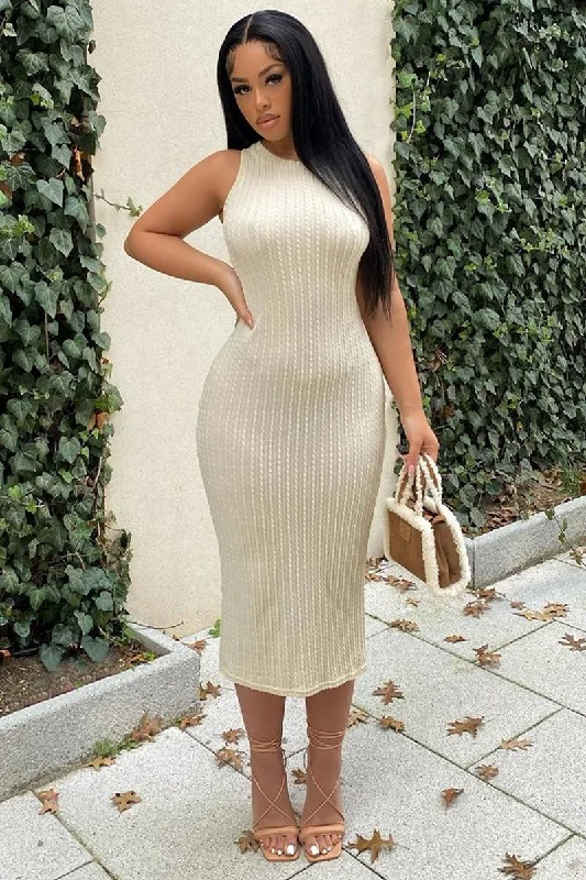 Cream Light Knit Midi Dress - Leeza Slim Midi Skirt