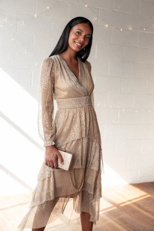 Cybil Pleated Tiered Midi Dress - Champagne Gold Ruffled Midi Skirt
