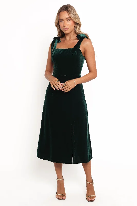 Laurel Velvet Midi Dress - Emerald Green Ribbed Midi Skirt