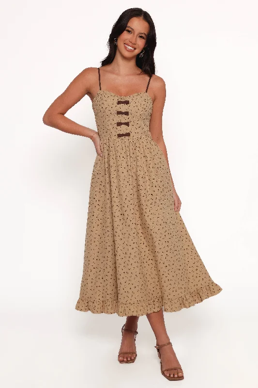 Robbins Midi Dress - Beige Brown Fitted Midi Skirt