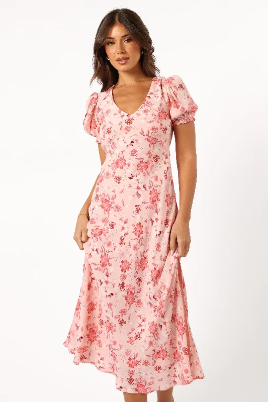 Sandra Midi Dress - Blushed Garden Floral A-line Skirt