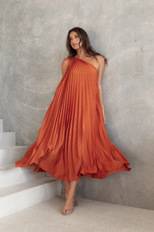 Selena One Shoulder Midi Dress - Russet Bronze Classic A-line Skirt