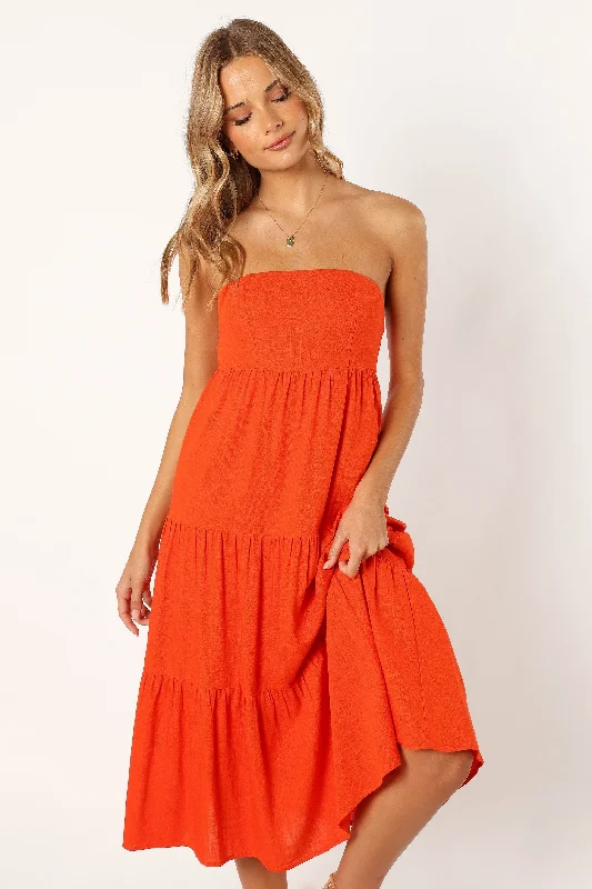 Tabi Strapless Midi Dress - Coral Red Bright Midi Skirt