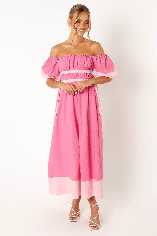 Tailor Off Shoulder Midi Dress - Pink Slim Midi Skirt