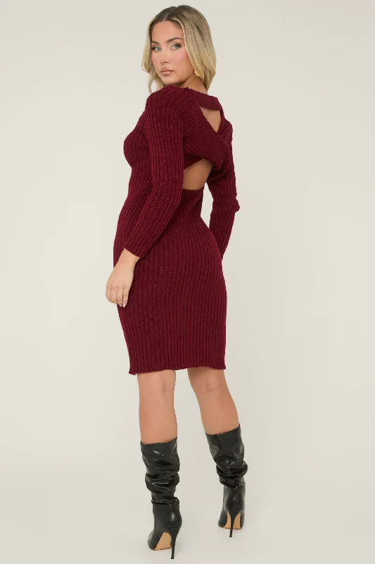 Wine Open Twist Back Midi Bodycon Jumper Dress - Karrah Midi Skirt Look